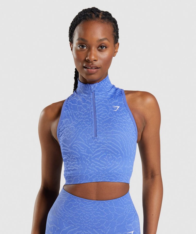 Women\'s Gymshark Adapt Animal Seamless 1/2 Zip Cropped Tops Blue | CA 0N5A73